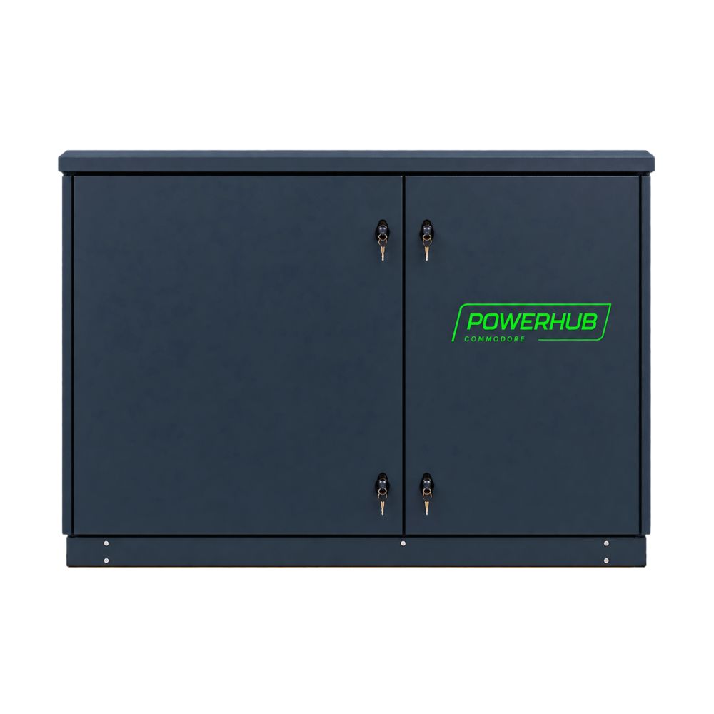 Commodore Power Hub Elite off-grid power system with closed, lockable cabinet doors.