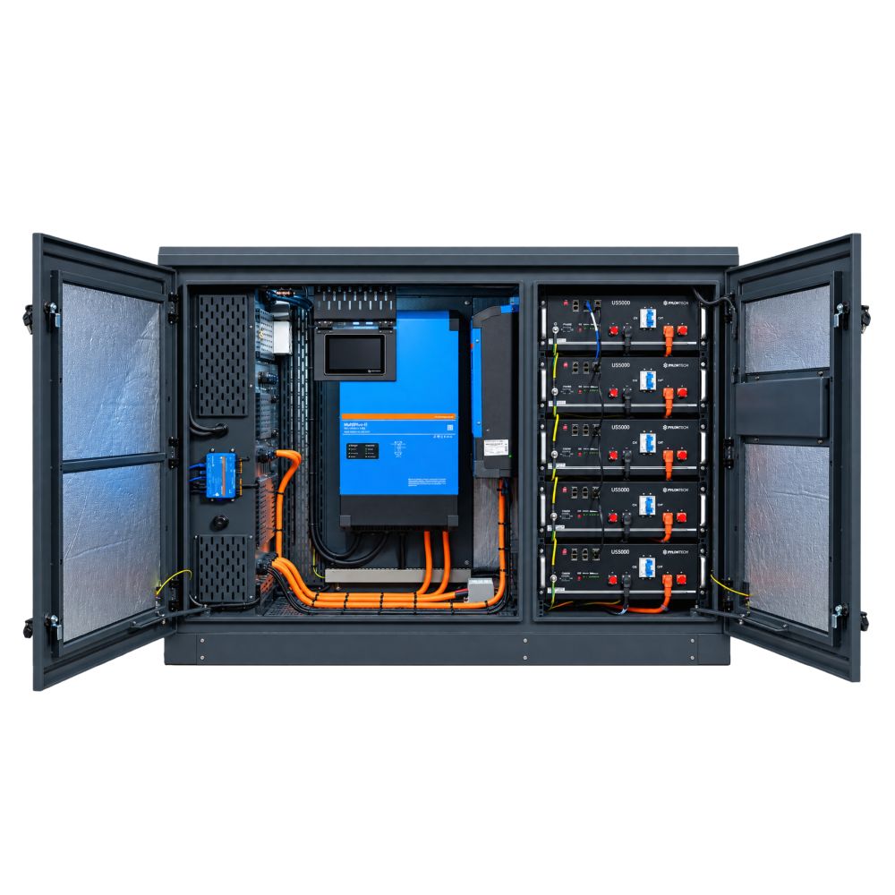 Commodore Power Hub Elite with open doors, showing Victron equipment and Pylontech battery storage.